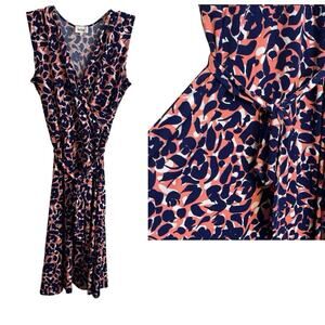 Leota Midi Dress Womens L Navy Pink Fit Flare Belted Stretch Flowy Romantic